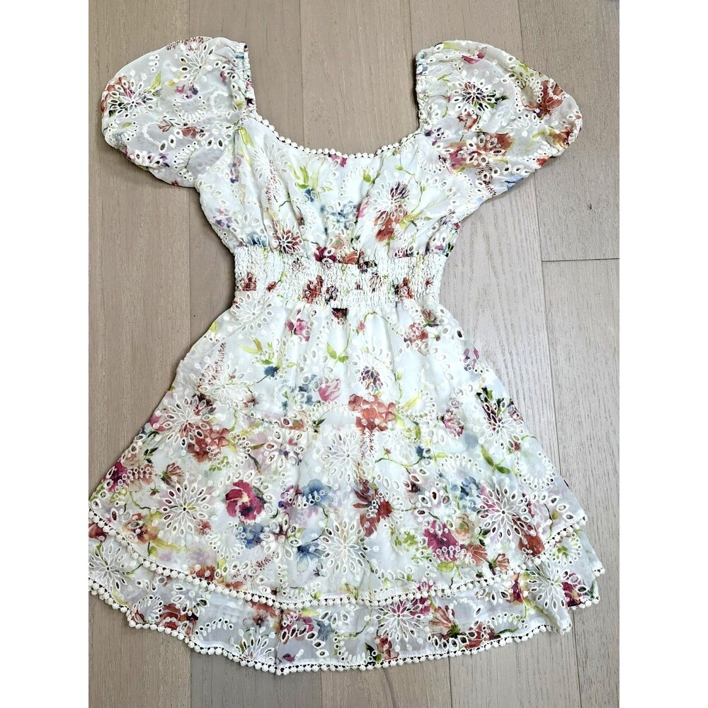 Willa Story Floral Mini Dress Puff Sleeve Cottage Milkmaid Eyelet Sundress S